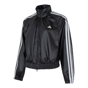 阿迪达斯外套女装春季新款运动服黑色立领上衣休闲仿皮夹克KS0039