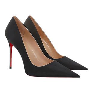 大码黑色高跟鞋细跟女绸缎职业性感尖头单鞋法式红底不累脚高级感