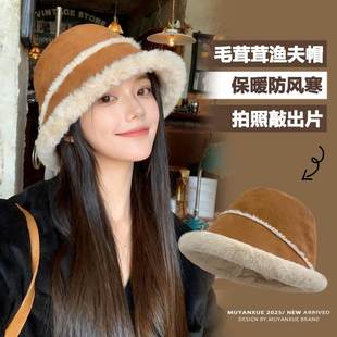 麂皮绒保暖棉帽子女秋冬双面戴毛绒渔夫帽东北防寒加绒加厚护耳帽