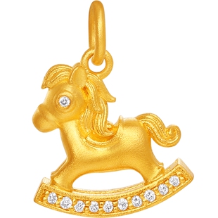 潮宏基五福马黄金钻石吊坠足金颈饰古法生肖木马镶嵌点钻情人节