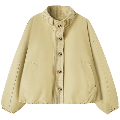 慕兔复古拼接针织立领外套