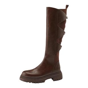 阿么手工女鞋棕色拼接绑带真皮长靴圆头小个子2025复古长筒靴靴子