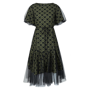 sdeer圣迪奥女装秋圆领印花收腰网纱短袖连衣裙S223Z1278