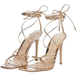 Shiny Shara/诗莎2025新款金色绑带高跟鞋方头细跟高跟凉鞋女夏季