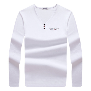 2025秋天舒适V领薄款长袖T恤男装时尚绣花绣标上衣服男款打底衫潮