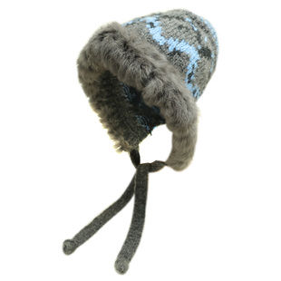 费尔岛含羊毛线帽女2025冬季毛绒绒显脸小套头骑行防寒保暖兔毛帽