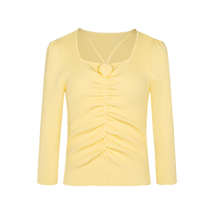 郁香菲方领针织衫女春季优雅时尚盘花抽褶显瘦修身交叉领套头上衣