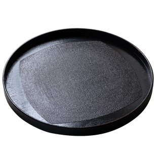 出口日本贴布漆器茶盘圆形黑色餐盘茶道家用茶具pu漆托盘大号木质