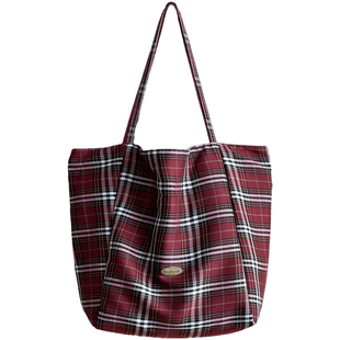 AB双面两用包ins慵懒文艺格纹单肩购物袋休闲百搭手提瑜伽托特包