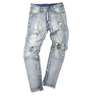 2024春夏季比伯同款高街嘻哈膝盖破洞长裤侧拉链修身小脚牛仔裤男