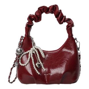 高级感洋气红色包包女2025新款秋冬百搭链条斜挎包精致褶皱手提包