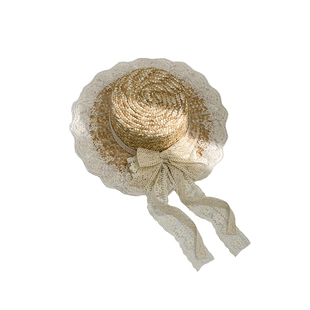 蕾丝花边平顶麦秆草帽女夏季大帽檐遮阳帽子度假风海边沙滩太阳帽