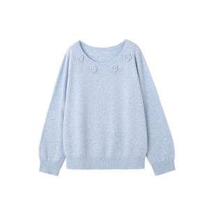 时然大码羊毛混纺毛衣微胖mm春秋新品女装上衣宽松百搭花朵针织衫