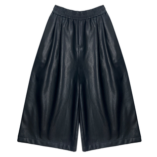 黑色皮裤女2025秋冬季新款宽松休闲七分直筒阔腿裤八分老钱风裤子