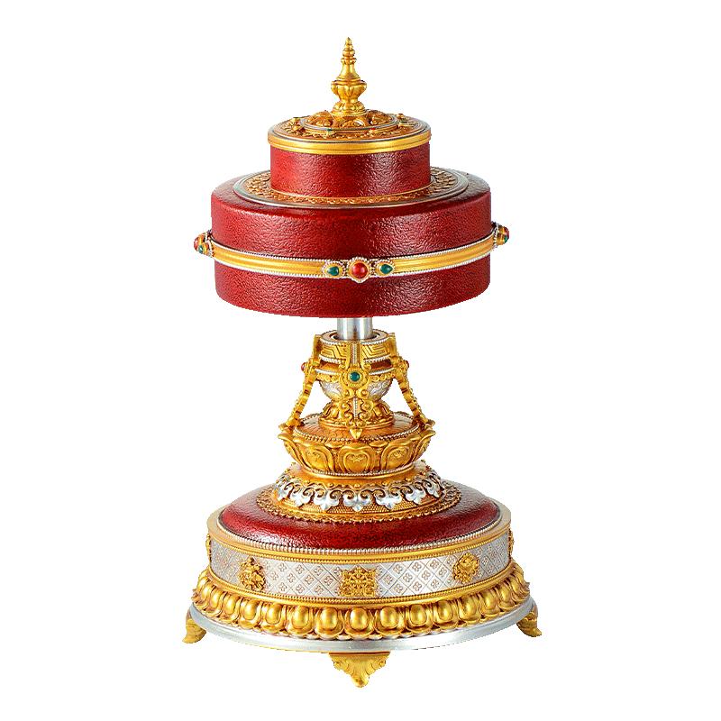 藏村电动转金筒 藏族转金轮 西藏式佛堂树脂八吉祥转经简桌面摆件