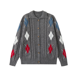 Dream made 秋冬季人夫感麻花菱形格开衫毛衣男老钱风针织衫外套