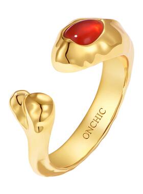 Onchic锦鲤抱抱戒指金色红玛瑙女小众设计高级感开口2026新年本命