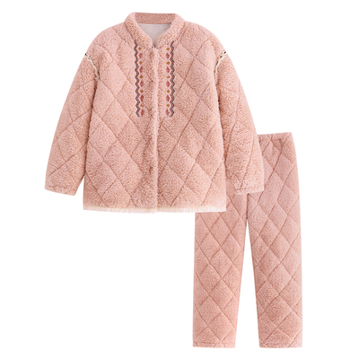 睡衣女秋冬季三层加厚夹棉袄粉色