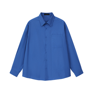 雾撞山野长袖衬衫男女克莱因蓝硫酸铜宽松休闲纯棉日系复古衬衣