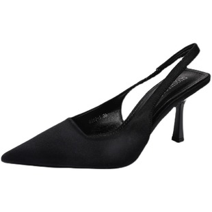 包头高跟鞋后绊带黑色尖头浅口单鞋凉鞋女夏细跟成人礼2025年新款