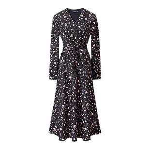 颜域长袖V领茶歇连衣裙女秋装2025新款轻熟收腰显瘦气质碎花长裙