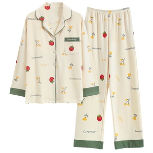 芬腾可安睡衣女款带胸垫春秋纯棉长袖可外穿秋冬天开衫家居服套装