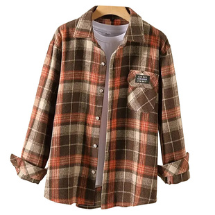 春秋季新款厚毛呢格子衬衫女爆款中老年女士格子衬衫显瘦宽松外套