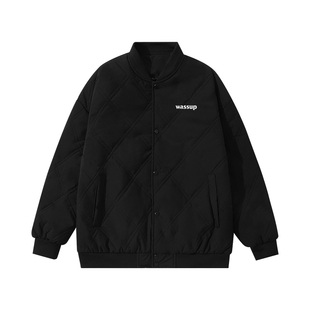 WASSUP HEODS菱形格子字母棉服外套男秋冬简约休闲情侣棒球服上衣