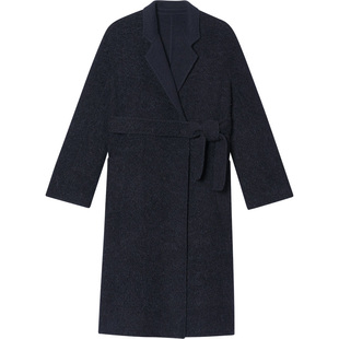 LK BENNETT深蓝绵羊毛大衣女25年冬季新款翻领长款系带毛呢外套