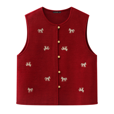 拉夏贝尔/La Chapelle新中式小马刺绣红色马甲女2026春季外穿背心