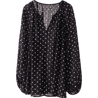 CR黑色复古波点宽松长袖罩衫上衣