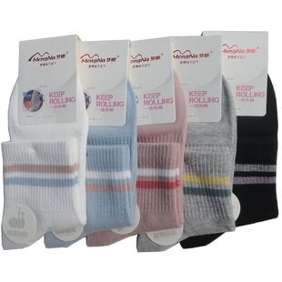 梦娜24新款女士运动袜子纯棉双杠时尚女袜吸汗防臭防滑