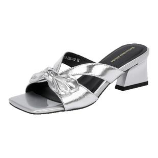 saturdaymode女鞋蝴蝶结粗跟凉拖2026夏季爆款银色外穿方头H拖鞋