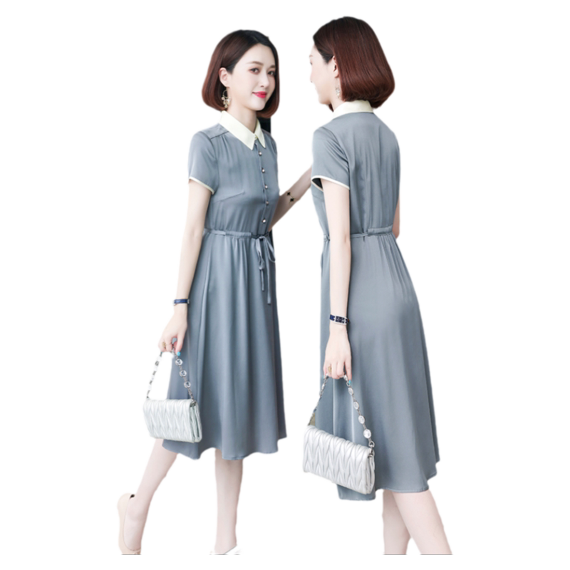 真丝连衣裙女夏季中年妈妈杭州丝绸大牌高端纯色气质桑蚕丝裙子