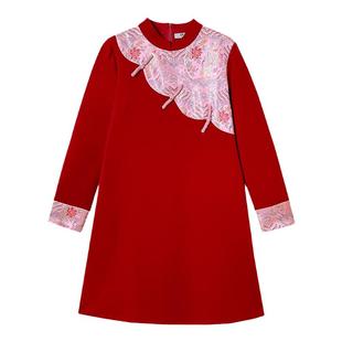 dfvc红色宫廷风连衣裙女春季2026新款重工刺绣宽松直筒小个子裙子