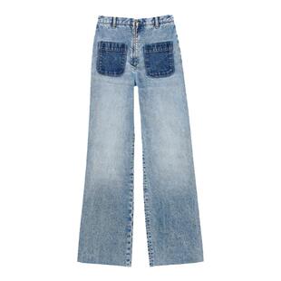SANDRO秋冬女装法式气质时尚棉质蓝色贴袋复古丹宁阔腿牛仔长裤