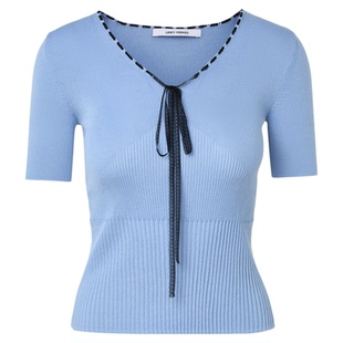 朗姿V领修身系带短袖毛针织衫简约优雅通勤风上衣2026年春季新款