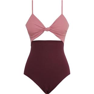 visual mood泳衣女红粉拼接撞色镂空显瘦高腰连体度假温泉游泳衣
