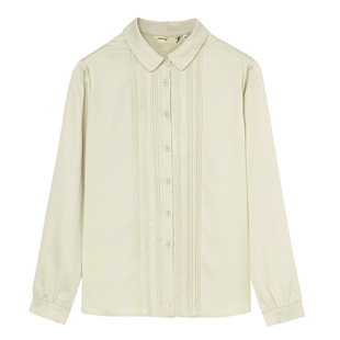 布景衬衫女春季商场同款简约直筒翻领胸前褶皱条纹长袖衬衣0205