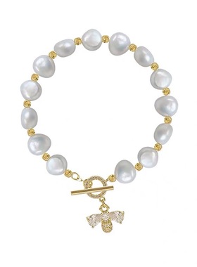 「嗔三酱」淡水珍珠微镶小蜜蜂手链轻奢气质百搭手环ins时尚简约