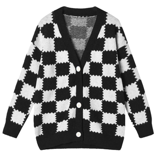 撤柜叠穿神器 开衫上衣微弹毛衣休闲潮酷经典黑白拼色女冬方格子