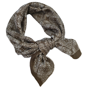 复古棕色印花棉麻围巾小方巾女2025新款装饰头巾护颈防脏领巾披肩