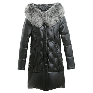 海宁真皮羽绒服女中长款2025冬季新款绵羊皮狐狸毛领皮草连帽外套