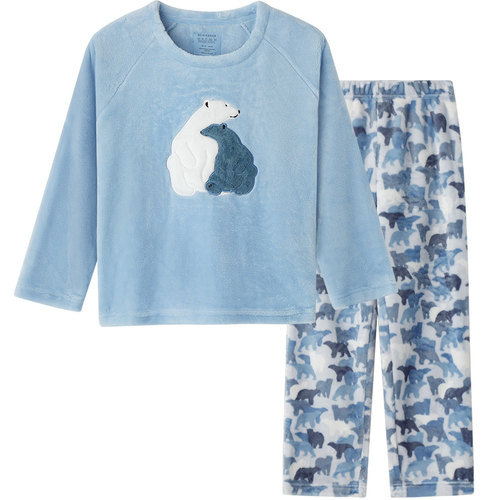 舒雅儿童男孩女孩法兰绒相拥的北极熊秋冬保暖睡衣家居服套装