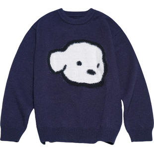 STILLYOU原创趣味卡通毛绒绒小狗头像圆领毛衣男女同款宽松针织衫