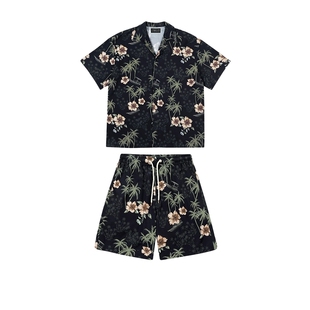 悟空有货夏椰树满印夏威夷短袖衬衫套装男潮牌宽松沙滩短裤两件套