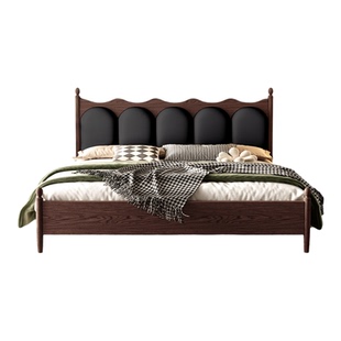 法式复古红橡木实木床1.8米双人床主卧床中古风床1米5软包储物床