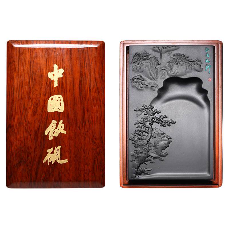 维新 非遗歙砚山水砚台 安徽歙砚老坑原石天然砚台 书法专用砚台 礼盒安徽歙县研磨墨块墨汁砚台文房四宝木盒