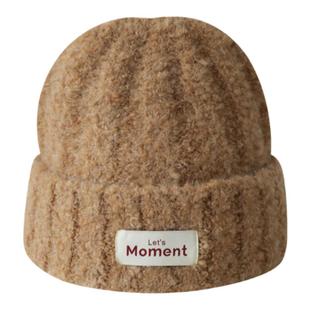 加厚蓝色显白针织帽子女生冬季防寒保暖羊羔套头帽时尚布标毛线帽