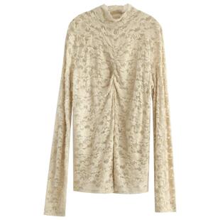 COCOBELLA精致提花亮片蕾丝衫早春抽褶半高领优雅打底衫LC7027